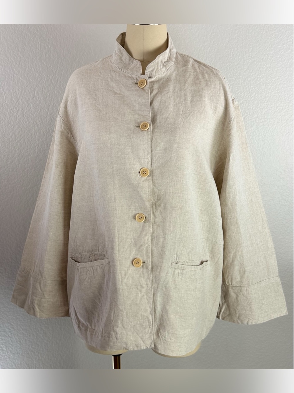 Sisley Vintage 90sY2K Linen Button-Up Mandarin Collar Front Stash Pockets Jacket